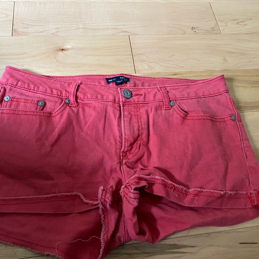 Red, jean shorts